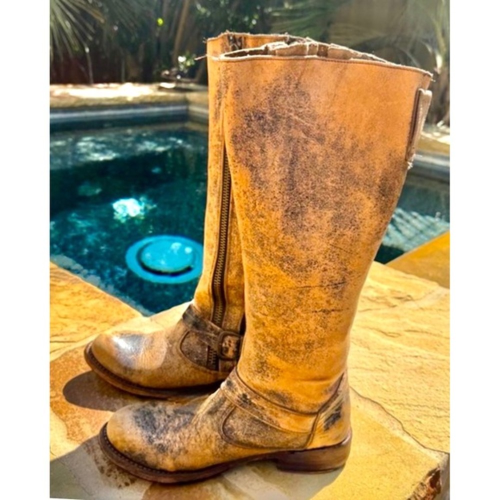 Bed Stu Tango Lux Tall Leather Boots Women's 7.5 Tan Distressed Harness Zip